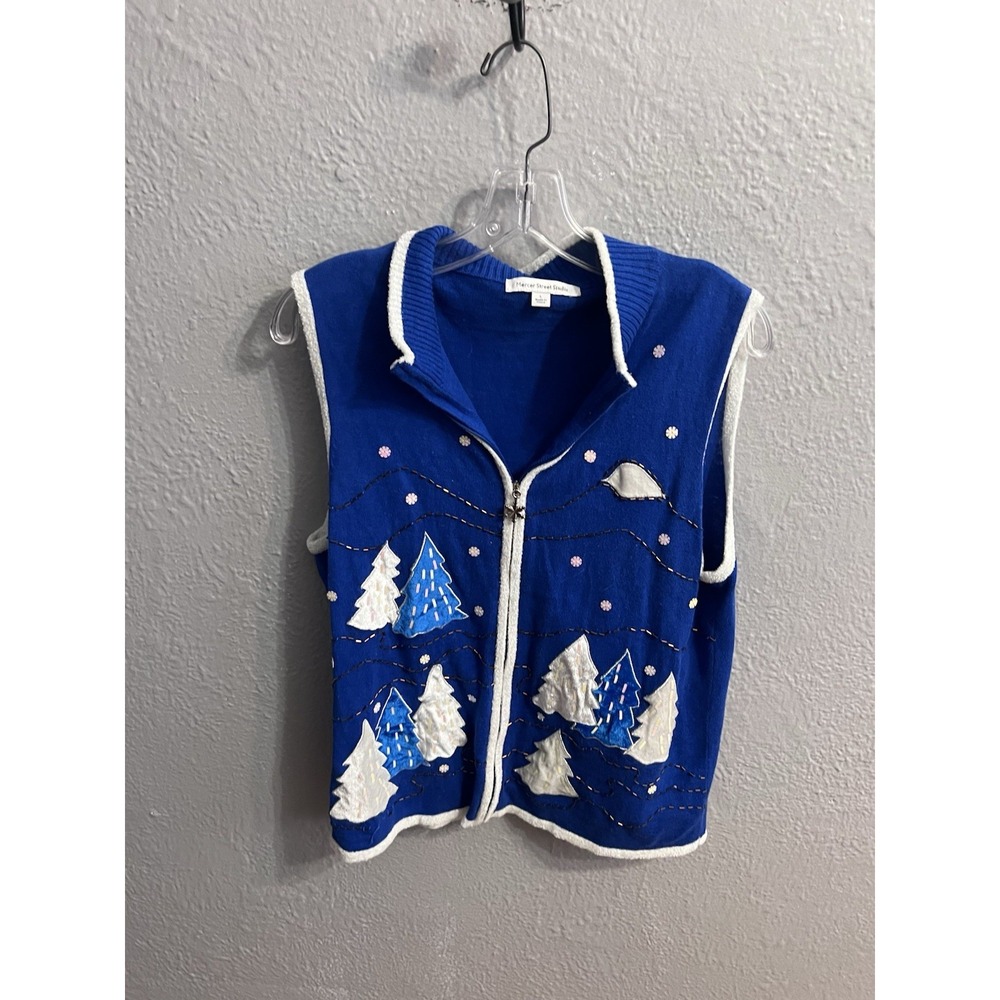 Mercer Street Studio Snow Blue Christmas Sweater Vest Trees Sequins Size Large